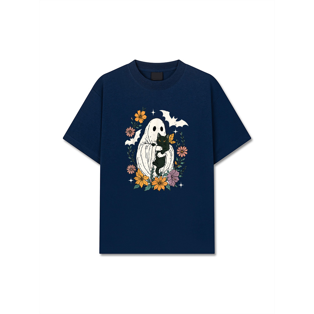 Groovy Floral Halloween Spooky Ghost Holding Black Cat Goth T-Shirt - Image 3