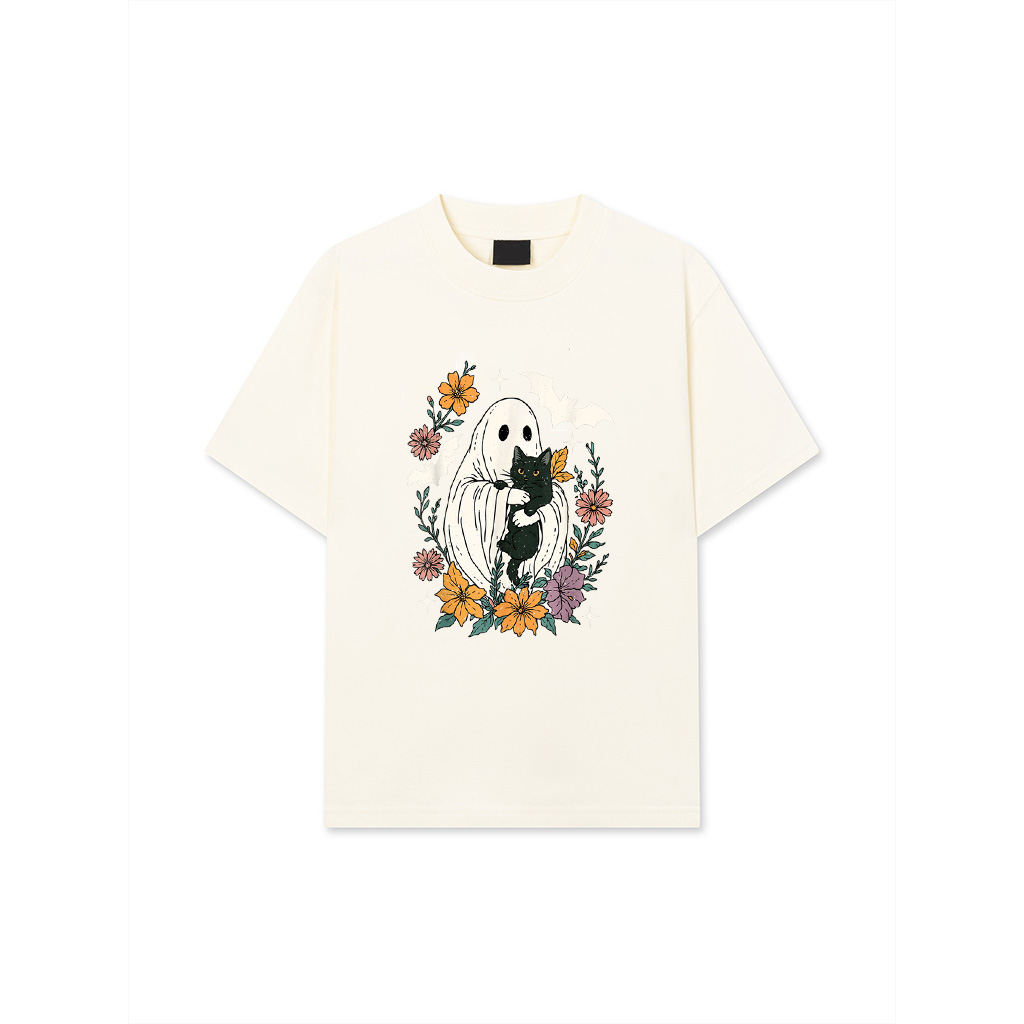 Alternative view of Groovy Floral Halloween Spooky Ghost Holding Black Cat Goth T-Shirt