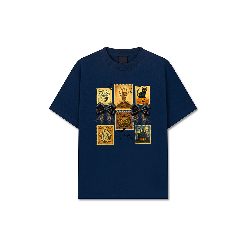 Halloween Stamp Vintage Ghost Spooky Season Pumpkin Cat T-Shirt - Image 3
