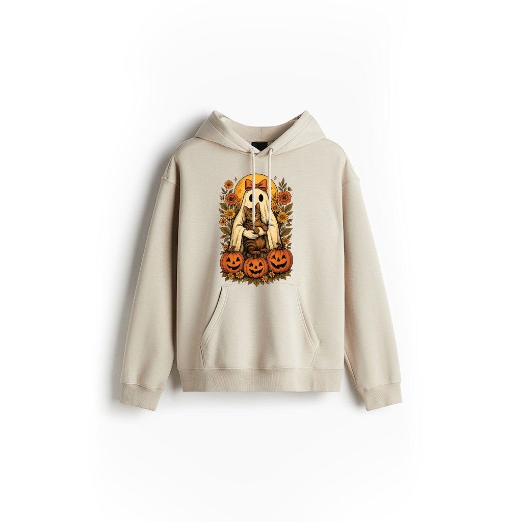Alternative view of Vintage Ghost Holding Domestic Shorthair Cat With Pumpkins Hoodie