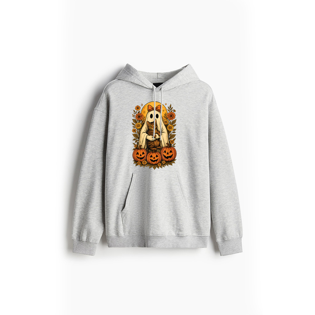 Vintage Ghost Holding Domestic Shorthair Cat With Pumpkins Hoodie - Image 3