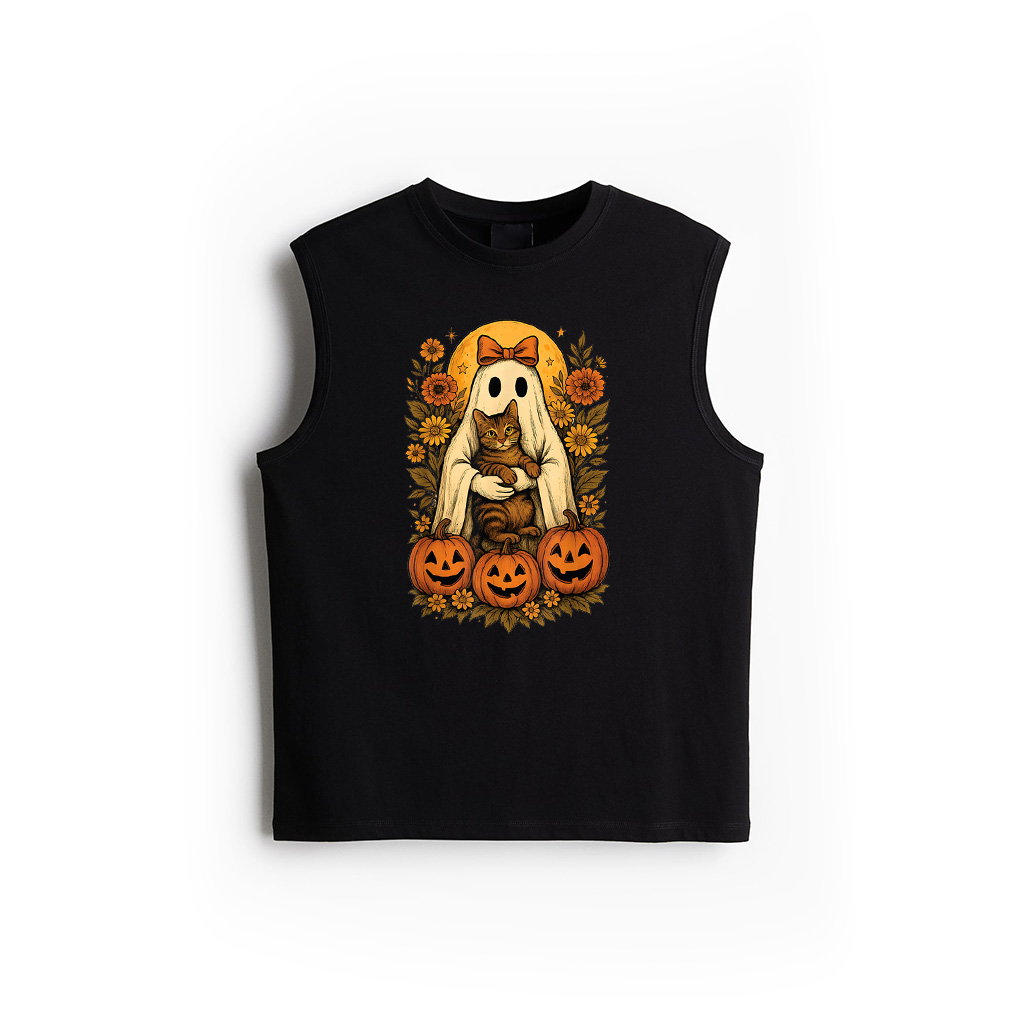 Vintage Ghost Holding Domestic Shorthair Cat With Pumpkins Tank Top