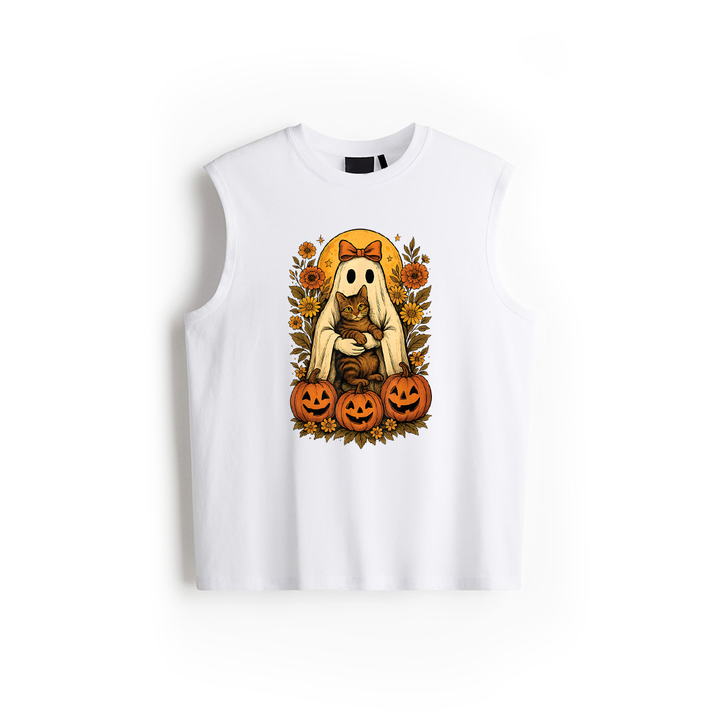 Alternative view of Vintage Ghost Holding Domestic Shorthair Cat With Pumpkins Tank Top