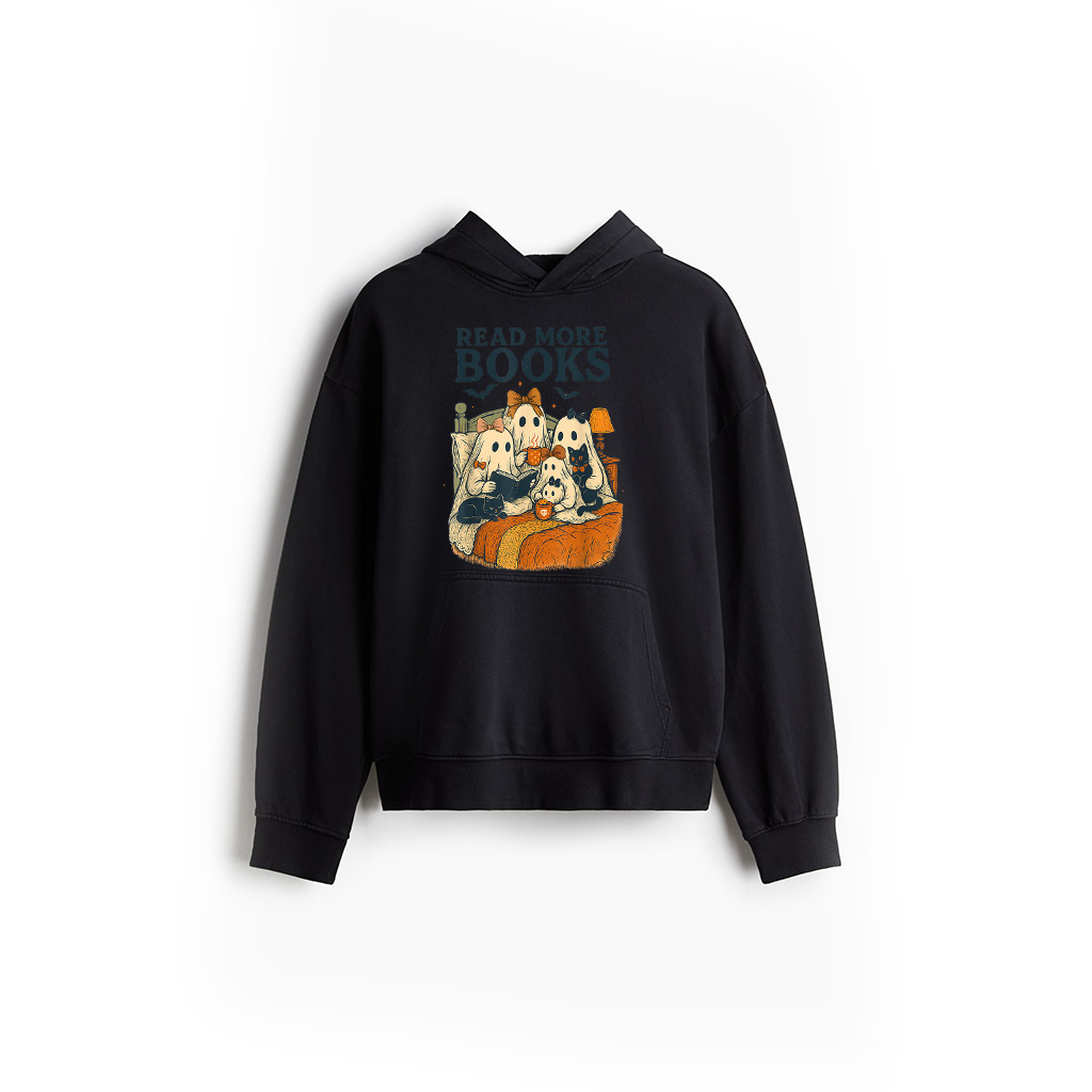Vintage Ghost Reading Books Cat Black Coquette Bow Halloween Hoodie