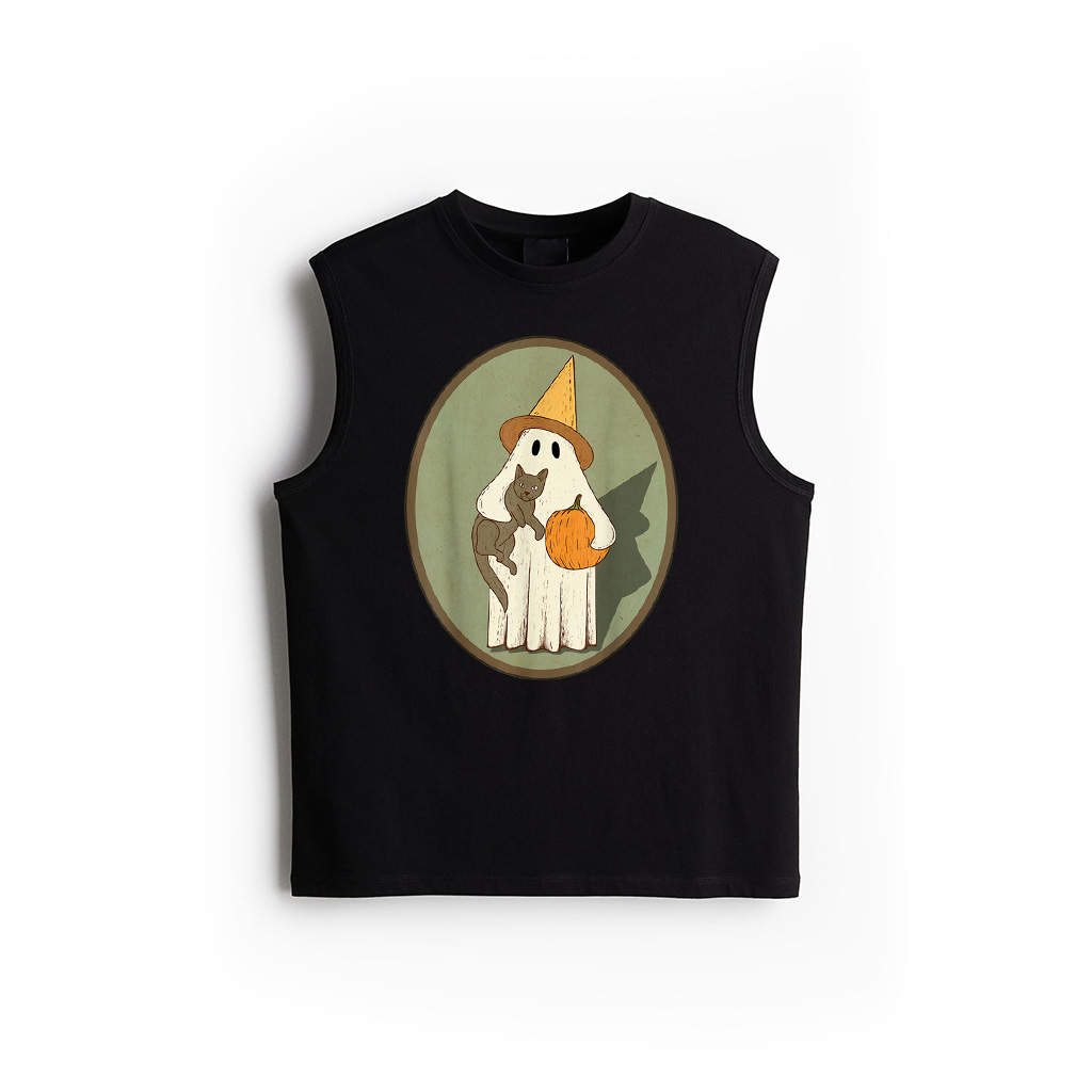Vintage Ghost With Cat Halloween Graphic Tank Top