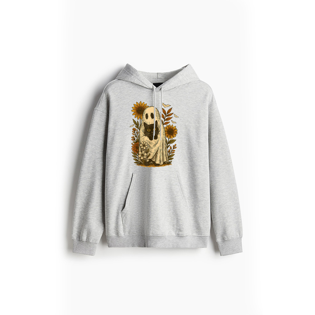 Vintage Halloween Ghost Holding Black Cat Groovy Flora Hoodie - Image 3