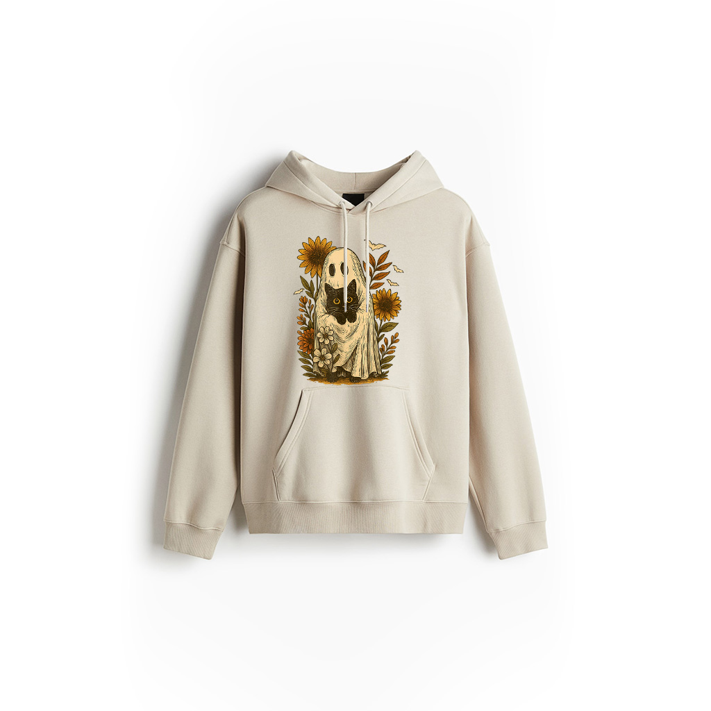 Alternative view of Vintage Halloween Ghost Holding Black Cat Groovy Flora Hoodie