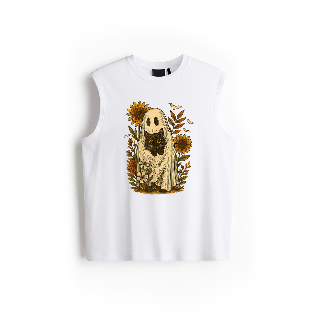 Alternative view of Vintage Halloween Ghost Holding Black Cat Groovy Flora Tank Top