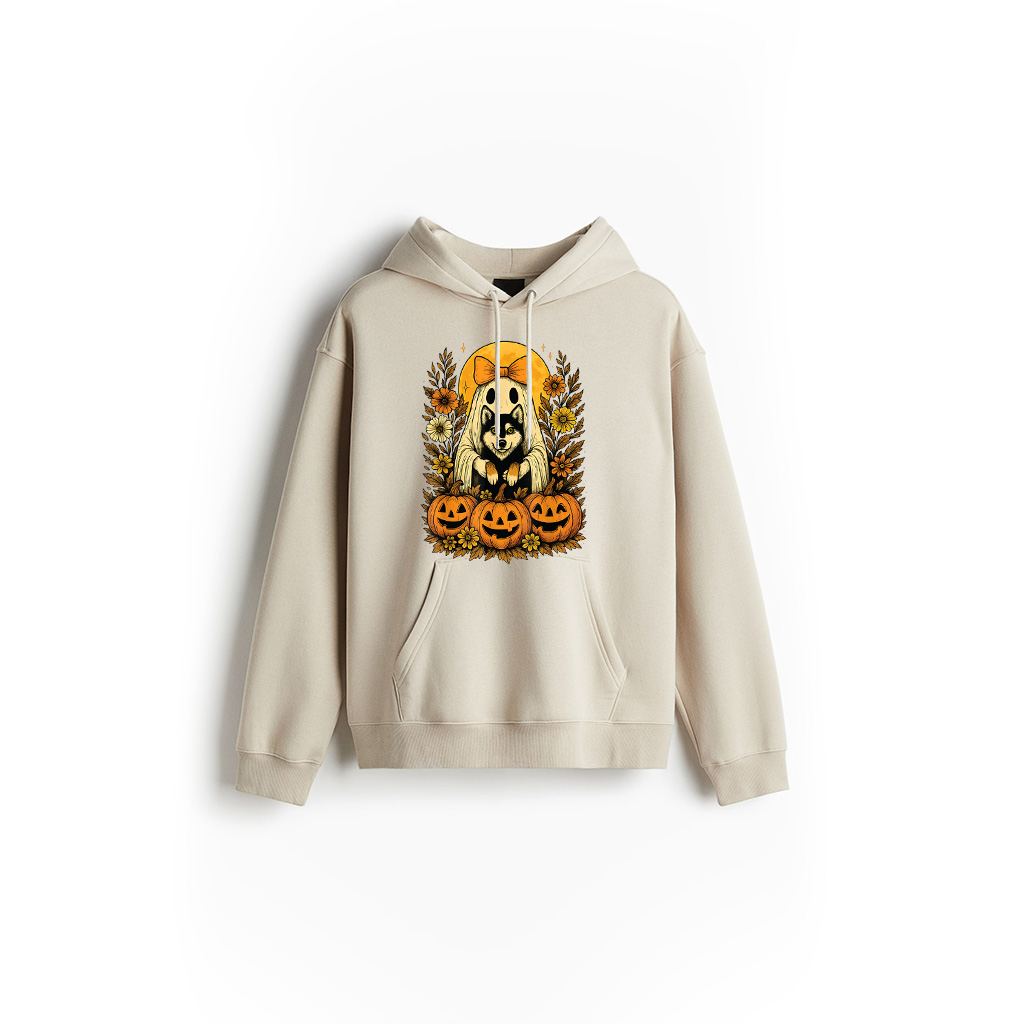 Alternative view of Vintage Halloween Ghost Holding Siberian Husky Dog Hoodie