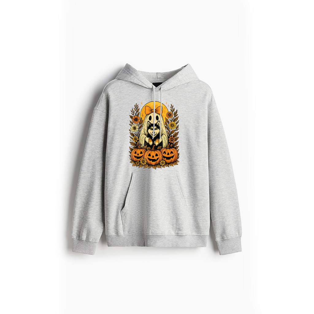 Vintage Halloween Ghost Holding Siberian Husky Dog Hoodie - Image 3