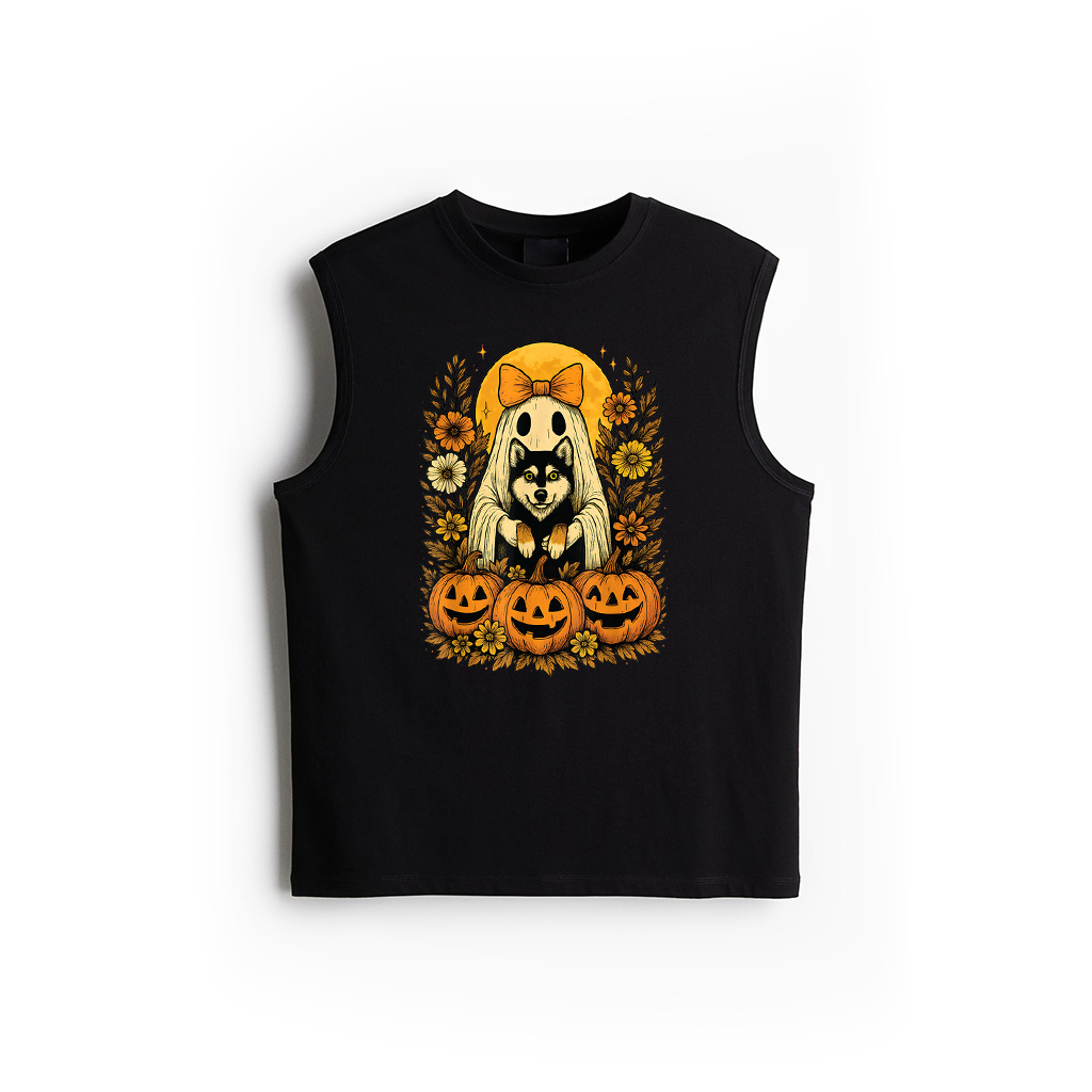 Vintage Halloween Ghost Holding Siberian Husky Dog Tank Top